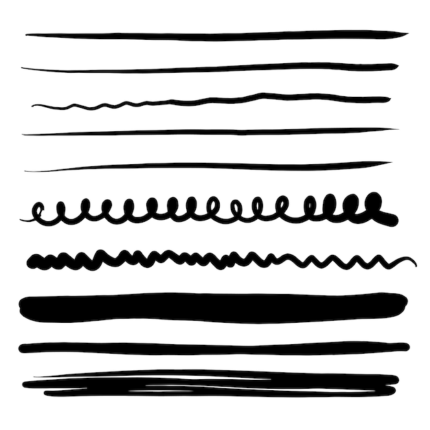 Conjunto de linhas desenhadas à mão divisoras rabiscos sublinha diferentes espessuras listras de pincel ilustração vetorial de linhas rabiscadas