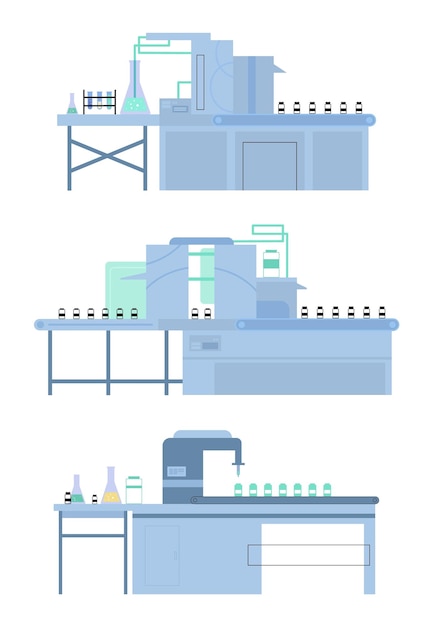 Conjunto de linhas industriais para produção de vacinas covid em fábrica farmacêutica