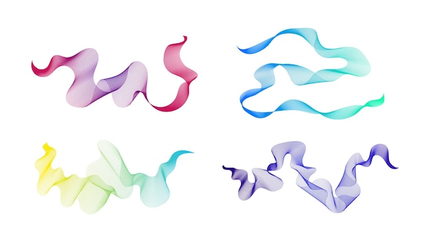 Conjunto de listras onduladas curvadas de quatro linhas de onda gradiente coloridas abstratas em ilustração vetorial de fundo branco