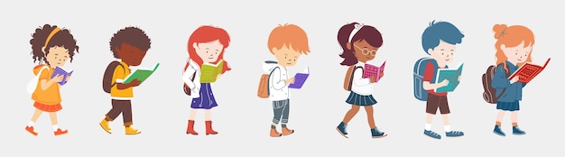 conjunto de livro de leitura de menina e menino sorridente