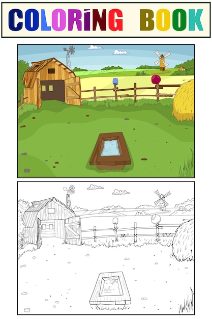 Conjunto de livro para colorir e imagem colorida fazenda de desenhos animados