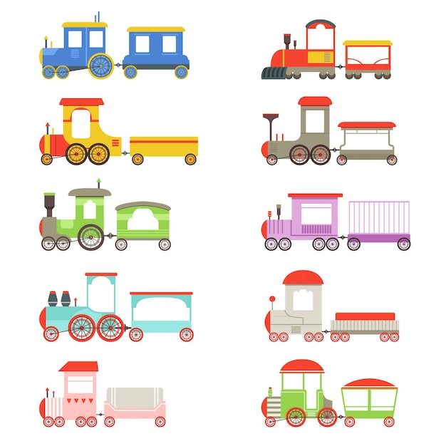 Vetor conjunto de locomotivas e vagões de brinquedo