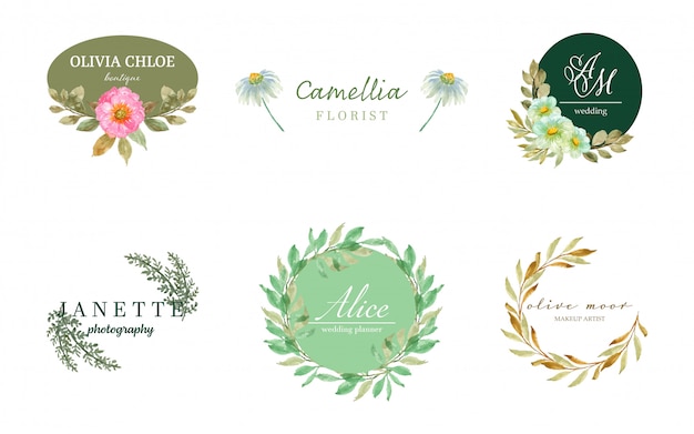 Conjunto de logotipo com lindas flores em aquarela