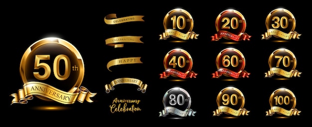 Vetor conjunto de logotipo de aniversário e fita de ouro. design de emblema de comemoração de aniversário dourado