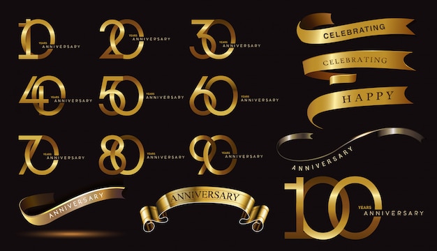 Conjunto de logotipo de aniversário e fita de ouro. design de emblema de comemoração de aniversário dourado