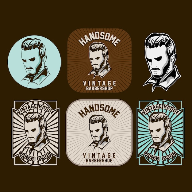 Conjunto de logotipo de barbearia no fundo escuro