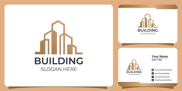 Conjunto de logotipo de construção minimalista com design de logotipo em estilo arte de linha e modelo de cartão de visita