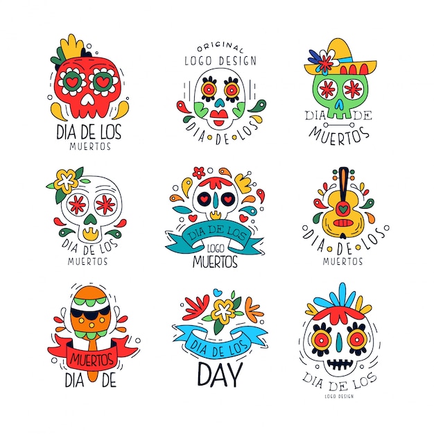 Conjunto de logotipo de dia de los muertos, elementos de design do feriado mexicano dia dos mortos pode ser usado para banner de festa, cartaz, cartão ou convite mão desenhada ilustrações