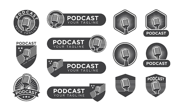 Conjunto de logotipo de emblema retrô de podcast