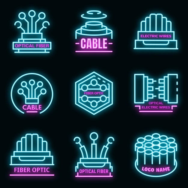Conjunto de logotipo de fibra óptica. conjunto de contorno do logotipo neoncolor de vetor de fibra óptica em preto