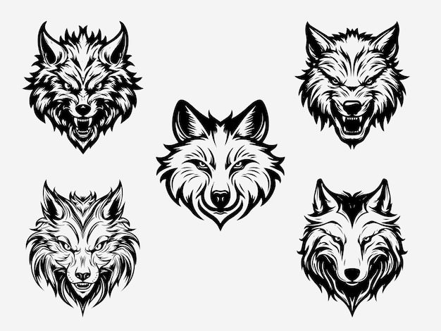 conjunto de logotipo de ilustração preto e branco de cabeça de lobo