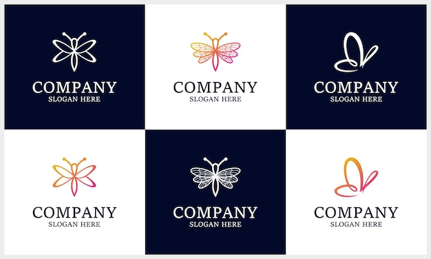 Conjunto de logotipo de inseto, libélula gradiente, modelo de design de logotipo de borboleta
