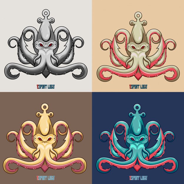 Conjunto de logotipo de mascote Kraken polvo esport com cor diferente