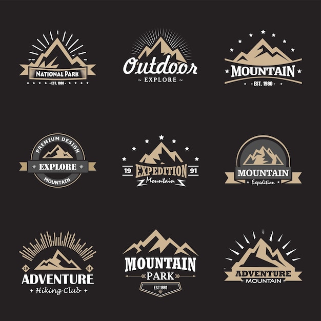 Vetor conjunto de logotipo de montanha com estilo vintage