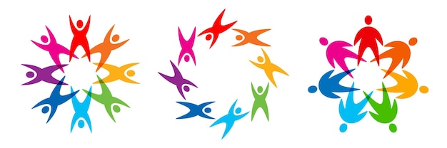 Conjunto de logotipo de pessoas do círculo ícone multicultural colorido insígnia de voluntário símbolo de caridade vector