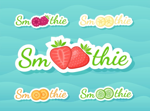 Vetor conjunto de logotipo de shake de smoothie de frutas adesivo verde ilustração vetorial bebida de smoothies vegetarianos frescos