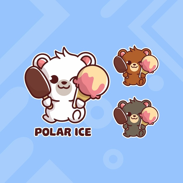 Conjunto de logotipo de sorvete de urso polar fofo com aparência opcional. kawaii