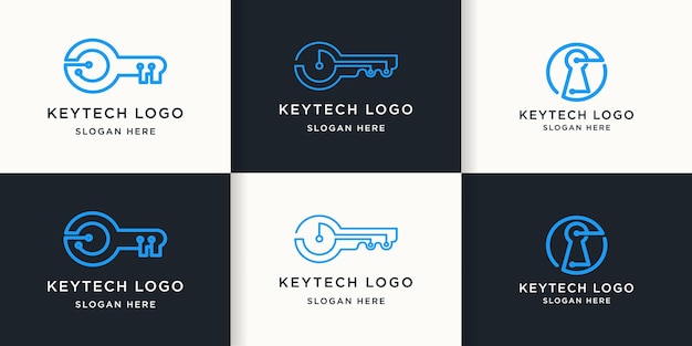 Conjunto de logotipo de tecnologia chave com linha de circuito simples