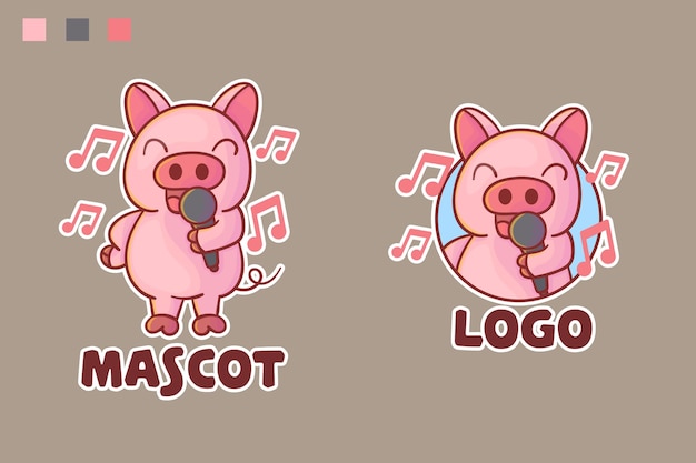 conjunto de logotipo do mascote cantor de porco bonito com aparência opcional.
