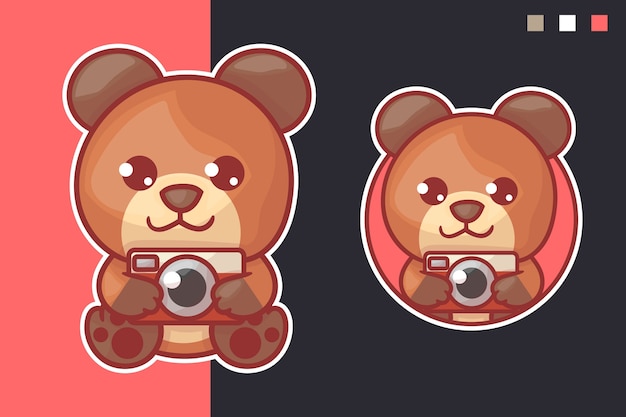 Vetor conjunto de logotipo do mascote da câmera do urso fofo com aparência opcional. kawaii