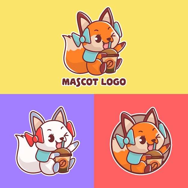 Conjunto de logotipo do mascote da raposa do café bonito com apreciação opcional.