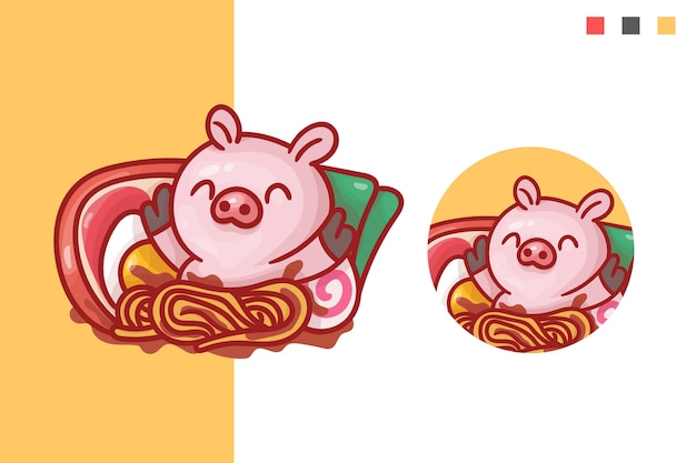 Conjunto de logotipo do mascote de porco ramen fofo com aparência opcional.