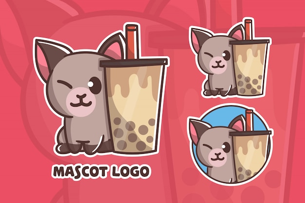 Conjunto de logotipo do mascote do gato boba fofo