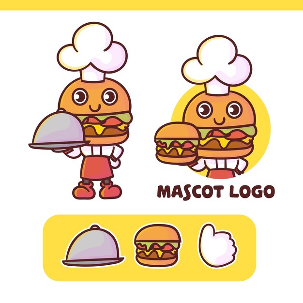 conjunto de logotipo fofo do mascote do chef hambúrguer com aparência opcional, estilo kawaii