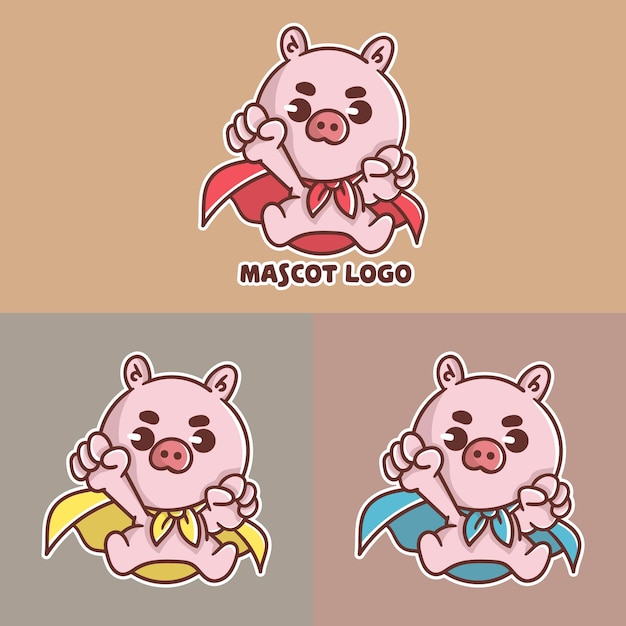 Conjunto de logotipo fofo do mascote super porco