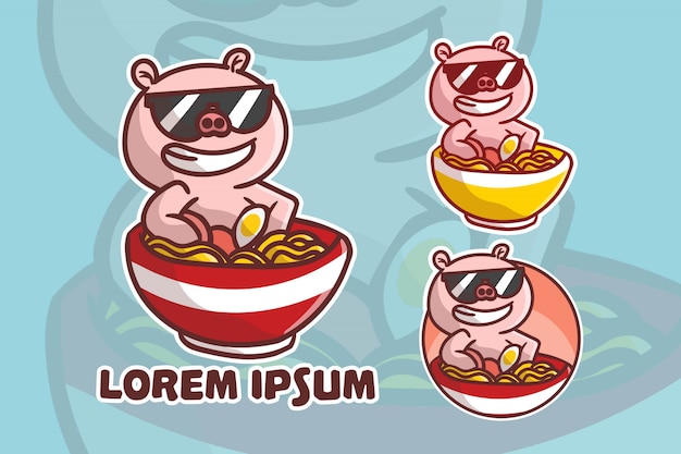 Conjunto de logotipo fofo mascote de porco ramen