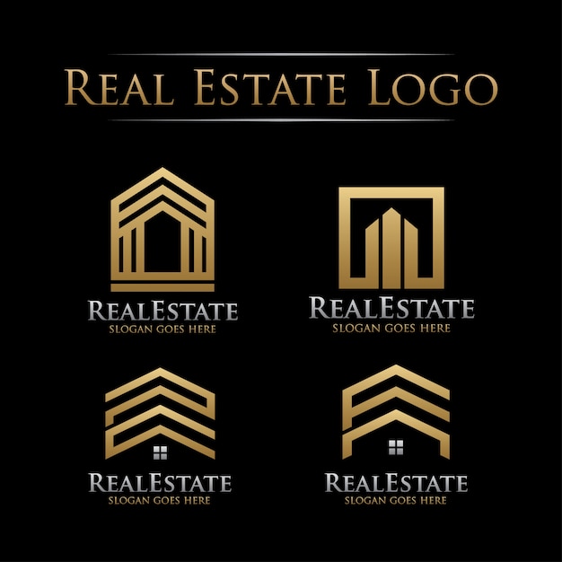 Vetor conjunto de logotipo imobiliário dourado