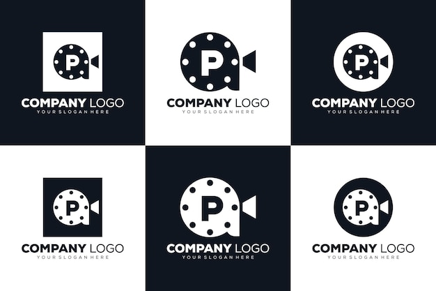 Conjunto de logotipo inicial da coleção letter p para o modelo de design de filme e videografia cinema