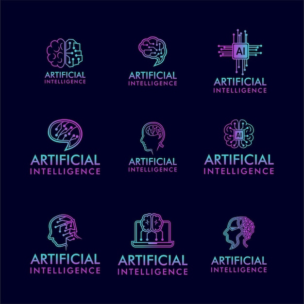 Conjunto de logotipos abstratos e linhas cerebrais conceito ícone logotipo para inteligência artificial