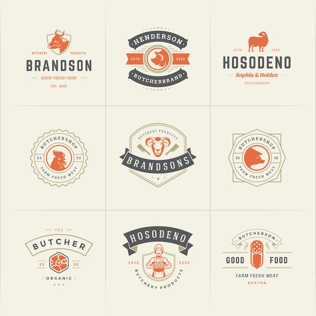 Conjunto de logotipos de açougue, bom para fazenda ou restaurante, emblemas com animais e silhuetas de carne