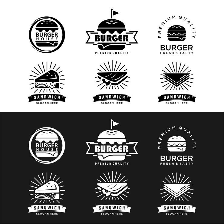 Conjunto de logotipos de fast food Ilustrações de sanduíche de hambúrgueres Coleção de refeições rápidas vintage Snack-bar