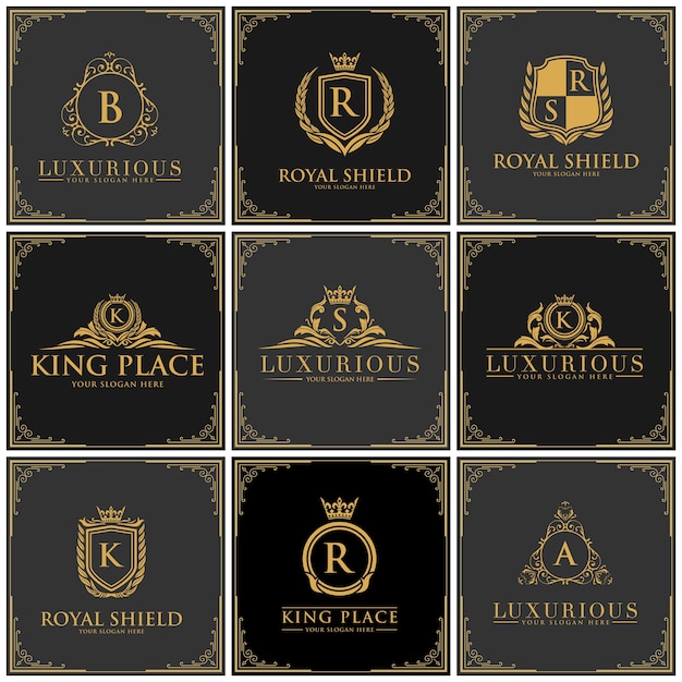 Conjunto de logotipos de luxo, hotel boutique, conjunto de ícones king e royal.