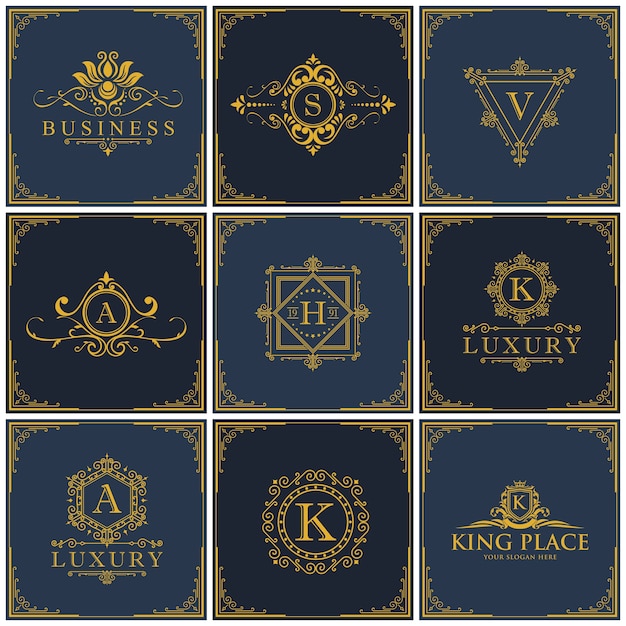 Conjunto de logotipos de luxo, hotel boutique, conjunto de ícones king e royal.