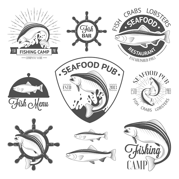 Conjunto de logotipos de peixe vintage com leme
