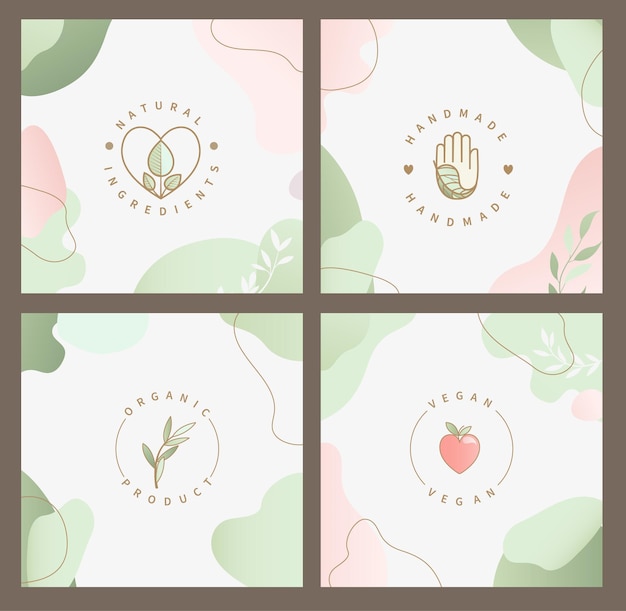 Vetor conjunto de logotipos de produtos ecológicosnaturalvegano e orgânicoícones de comida e bebida saudáveis artesanais em fundo fluido abstratoetiquetas para menu de restauranteembalagemembalagemestilo de vida saudávelilustração vetorial