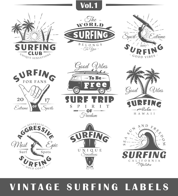 Vetor conjunto de logotipos de surf vintage.