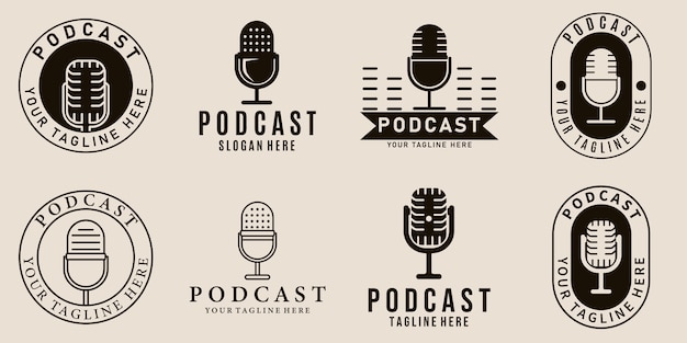 Conjunto de logotipos para podcasts em um fundo bege.