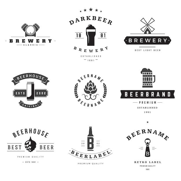 Vetor conjunto de logotipos vetoriais de cervejas de elite e marcas de pub retrô