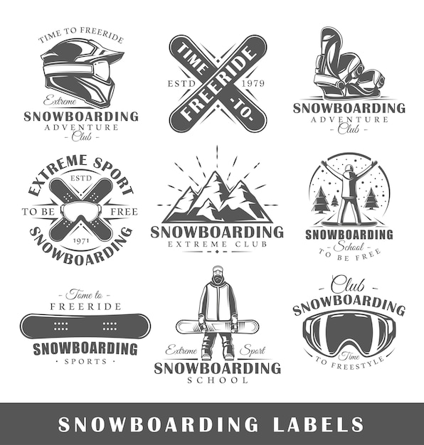 Conjunto de logotipos vintage de snowboard