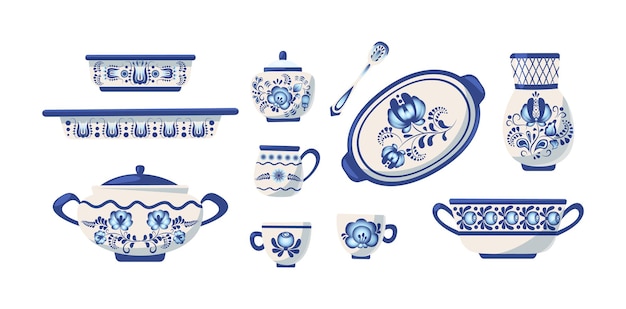 Vetor conjunto de louças com pintura vintage tigelas e jarras de porcelana azul decoradas com padrão floral