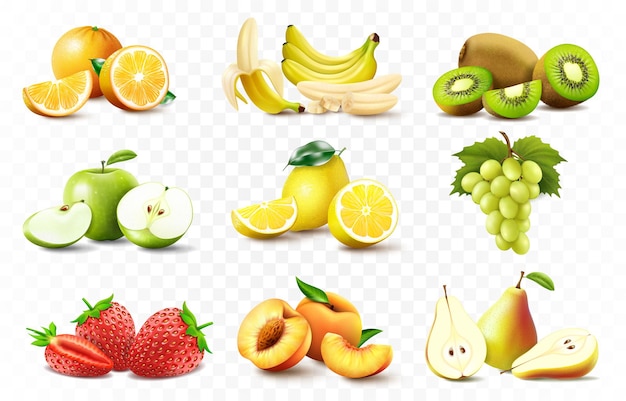 Conjunto de maçã de frutas suculentas realista 3d, banana, laranja, limão, uvas., Pêssego, morango, pêra, kiwi. Frutas inteiras e cortadas ao meio, fatias de frutas. Imagem de alta qualidade isolada em fundo transparente