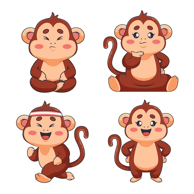 Conjunto de macaquinhos desenhados à mão bonitos com expressões felizes confusas descontentes