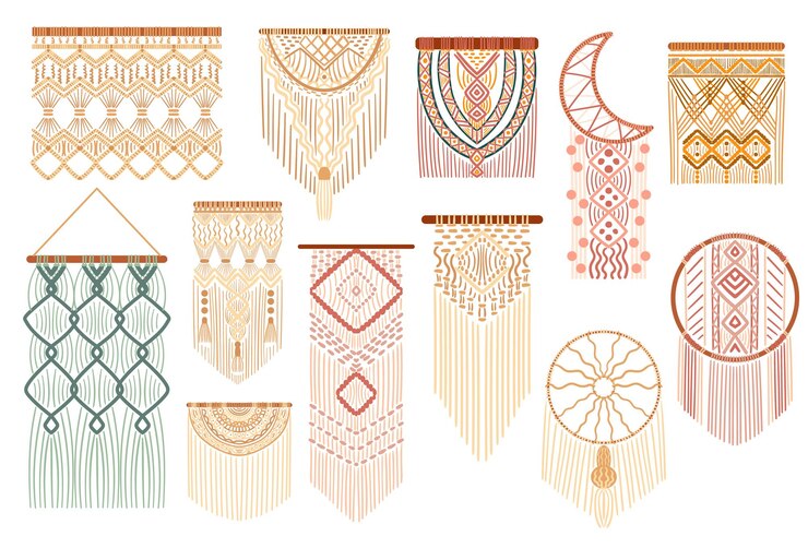 Vetor conjunto de macramê boêmio ou decoração de casa inspirada na costa isolada em elementos de design de passatempo diy de fundo branco