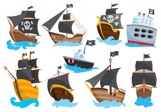 Conjunto de madeira pirata bucaneiro filibuster corsair mar cão navio ícone jogo, isolado design plano. fragata de cor dos desenhos animados.