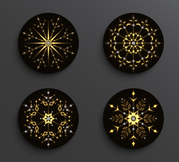 Conjunto de mandalas de floco de neve abstratas douradas com diamantes no fundo do círculo preto.