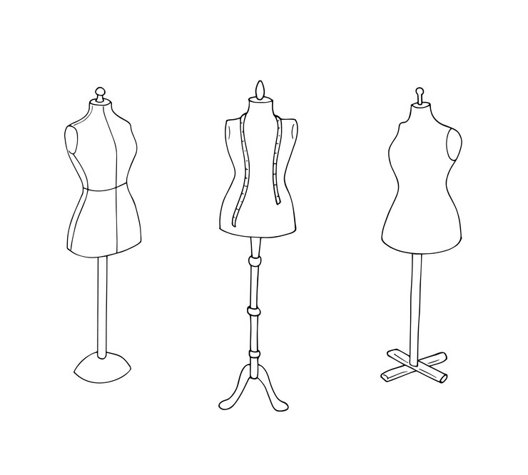 Vetor conjunto de manequins femininos manequim desenhado à mão equipamento de alfaiataria ilustração vetorial isolada em branco